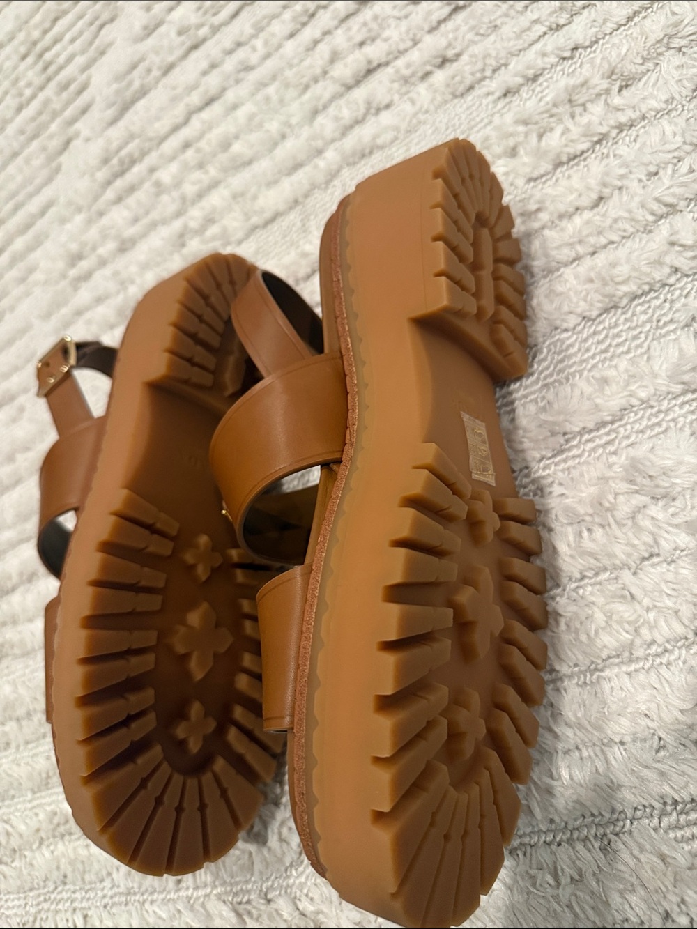 Prada Tan Leather Platform Slingback Sandals with Gold Triangle Logo - Picture 4 of 4